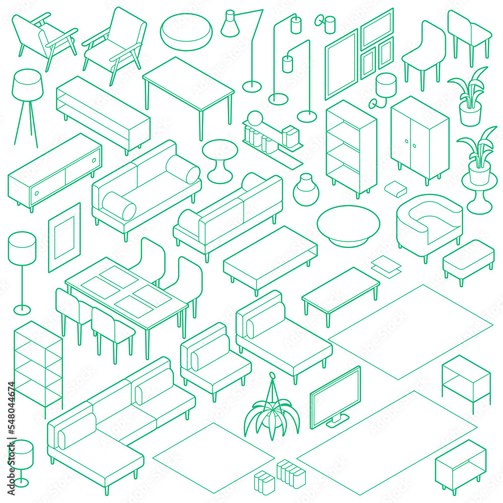 Isometric Living Room Outline Furniture Set Stock Vector | Adobe Stock
