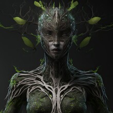 Biomechanical Floral Dryad Woman Isolated On Black Background. Digitally Generated Character Art.