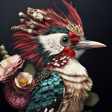 Woodpecker Bird Made Of Flowers And Leaves, Realistic Boho Wild Animal, Beautiful Animal Illustration, Bohemian Wild Animal Portrait, Flora And Fauna