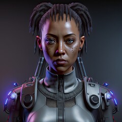 Wall Mural - 3d render character design. Black cyberpunk african american woman cyborg. Generative AI.