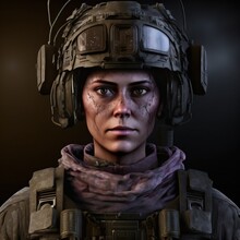 Female Soldier In Helmet And Tactical Gear. 3d Portrait Illustration. 