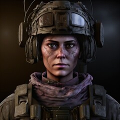 Female soldier in helmet and tactical gear. 3d portrait illustration. 