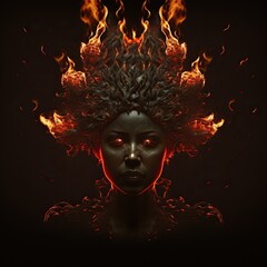 Woman head on fire isolated on black background