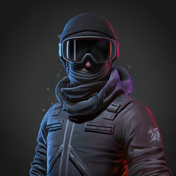 Portrait of snowboard alpine character in ski mask and goggles. Character design isolated on black. 3d render.