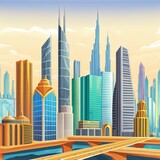 Dubai skyline and downtown skyscrapers on suncartoon style. modern architecture concept with highrise buildings on world famous metropolis in united arab emirates