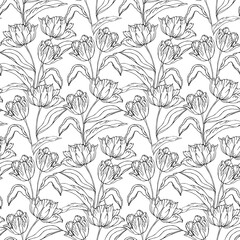  Spring tulips flower, black and white seamless pattern for textile vector background