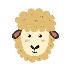 Wall Mural - Cute sheep face in cartoon style. Farm character head for baby and kids design. Funny smiling animal print. Vector illustration