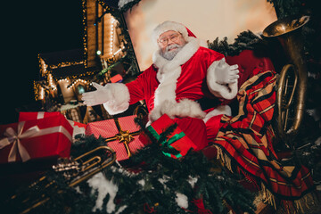 Canvas Print - Photo of cheerful jolly grandpa sit decorated sleigh open hands arms enjoying magic time moments winter season snowy street miracle outside