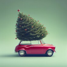 Christmas Car With Christmas Tree On The Roof On Isolated Background