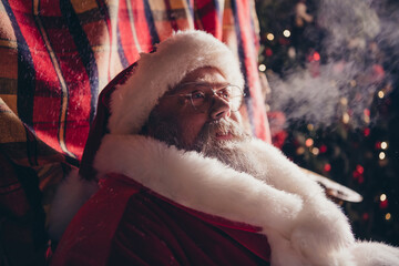 Poster - Profile side photo of old joyful man saint nicholas sitting home outdoors breath fresh air interested look sky flight reindeer magic time