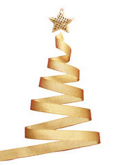 Wall Mural - christmas tree shape gold ribbon isolated transparent background, png. merry xmas card 3d