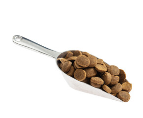 Pet food, cat and dog dry kibble. Scoop with brown special diet food isolated on Transparent background, PNG.