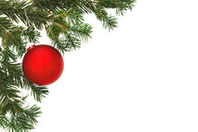 Christmas Fir Twig And Red Bauble Isolated Transparent Background, PNG. Xmas Decoration