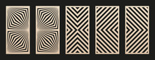 Laser Cut Patterns. Vector Set With Abstract Geometric Ornament, Lines, Stripes, Chevron. Trendy Geo Textures. Decorative Stencil For Laser Cutting Of Wood, Metal, Plastic, Paper. Aspect Ratio 1:2