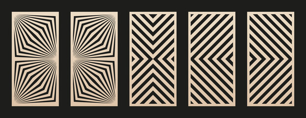 Aufkleber - Laser cut patterns. Vector set with abstract geometric ornament, lines, stripes, chevron. Trendy geo textures. Decorative stencil for laser cutting of wood, metal, plastic, paper. Aspect ratio 1:2