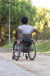 © KAMPUS - Back view of Black man in wheelchair riding along the road in park on sunny day. African American guy with disability spending time outside. Flowers in background. Disability, motivation concept.