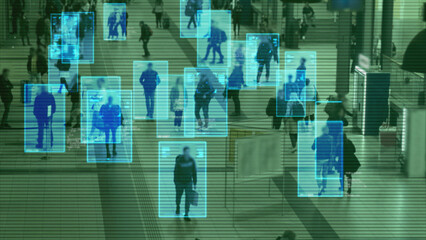 Scanning the crowd of people walking at the railway station. Surveillance interface using artificial intelligence and facial recognition. Face Detection, CCTV, AI, Future, Total Control, Privacy.