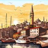 Fototapeta  - Cityscape of istanbul with the view on galata tower and boats in golden horn bay, turkey