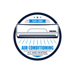 Air conditioner installation and repair service icon. House heating and cooling, room climate control, air conditioning equipment shop vector retro emblem, round sigh with AC split system unit