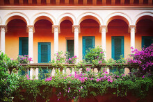 Italian Manor Windows With Flowers