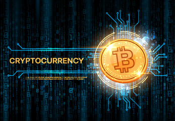 Aufkleber - Bitcoin crypto currency banner. Cryptocurrency wallet backdrop or wallpaper, bitcoin mining vector background or banner. Electronic money token cover with golden coin, motherboard track, binary code