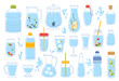 Glass and plastic water bottles and containers, drink cups and beverage jugs, vector linear icons. Glass cup of soda, beer and wine, juice pitcher, ice tea mug, whiskey carafe and mineral water bottle