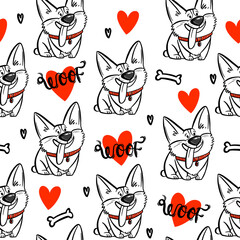 Abstract seamless pattern with funny dog welsh corgi pembroke and heart. Fashion print in modern style. 