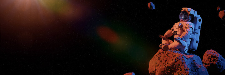 Wall Mural - astronaut meditating on asteroid, background banner with empty space