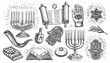 Jewish set. Religion concept vintage sketch vector illustration. Collection elements for decoration of religious holiday