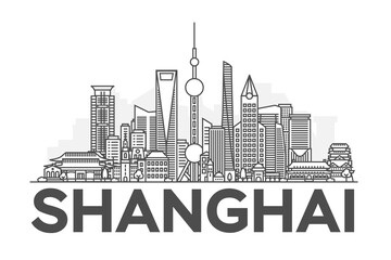 Wall Mural - Shanghai, China architecture line skyline illustration. Linear vector cityscape with famous landmarks, city sights, design icons. Landscape with editable strokes.