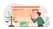 Lawyer Online Concept. Young Guy With Documents Evaluates Webpage For Plagiarism. Protection Of Rights And Legal Support, Court. Poster Or Banner For Website. Cartoon Flat Vector Illustration
