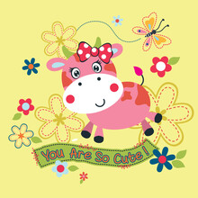 Cute Cow With Beautiful Flowers And Butterfly Vector Background