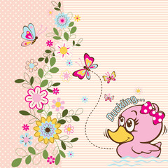  cute duck with beautiful flower and butterfly vector