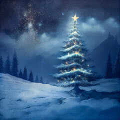 Sticker - Christmas tree with Christmas star standing in a snowy winter landscape