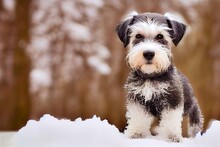 Photorealistic Illustration Of A Schnauzer Puppy In The Snow