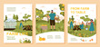 Farm banner set. Farming and harvesting, people with natural and organic products, vegetables. Men and women in garden collection. Cartoon flat vector illustrations isolated on beige background