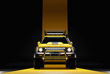 Yellow Modern SUV Prepared For Safari On Black   Background - Front   View - 3D Illustration