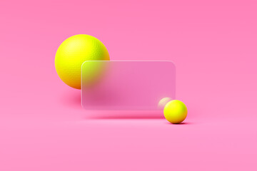 Sticker - 3D  illustration of a information search bar  with  yellow sphere on a   pink   background. The concept of communication via the Internet, social networks, chat, video, news, messages, website