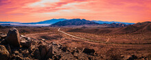 Mojave Desert National Preserve, Tranquil Sunset Hilltop Landscape On California State 15 Mojave Freeway, California, USA 