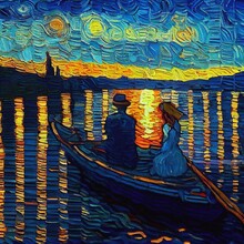 Couple Date Love Boat On A River In The Style Of Vincent Van Gogh