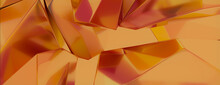 Glass Shapes With Colorful Yellow And Orange Hues Create A Refractive Tech Banner. Contemporary 3D Render.