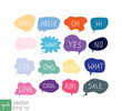 © Mantav Jivva - Bubble speech icon set. Talk phrases, online chat clouds with different words, conversation, quote balloon tag, text dialog, cartoon style. Vector illustration isolated on white background. EPS 10.