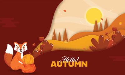 Wall Mural - Paper Cut Autumn Sun Landscape Background With Cartoon Fox Holding Pumpkins Illustration.