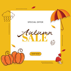 Poster - Autumn Sale Poster Design With Flat Pumpkins, Toadstool, Umbrella On White And Yellow Background.