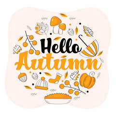 Wall Mural - Hello Autumn Font With Autumnal Season Icons On Peach And White Background.