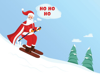 Wall Mural - Illustration Of Cartoon Santa Claus Skiing And Say HO HO HO Against Snow Blue Background