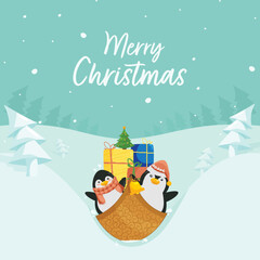 Canvas Print - Merry Christmas Celebration Poster Design With Cartoon Penguin Enjoy Sledge, Gift Boxes On Pastel Cyan Xmas Tree And Snowfall Background.