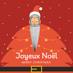 Poster - Merry Christmas Text Written In French Language With Cartoon Santa Claus In Xmas Tree Shape And Lighting Garland On Burnt Red Background.