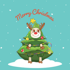 Canvas Print - Merry Christmas Celebration Greeting Card With Cartoon Reindeer Wearing Xmas Tree Costume Against Blue Snowfall Background.