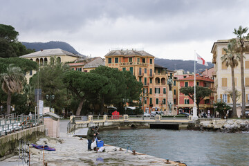 Anglers in the winter on the Mediterranean coast: SANTA MARGHERITA LIGURE, ITALY - January 27, 2020